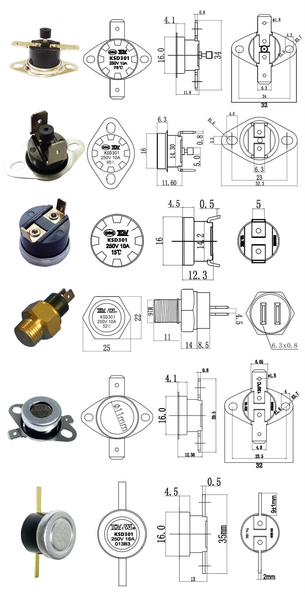 KSD301 250V 10A/16A/20A Temperature Control Switch Normally Closed/Normally Open 80 Degrees