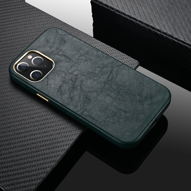 Sheep Grain Genuine Leather Phone Cover for iPhone 14 Pro Max 2022 Design Full Wrapped
