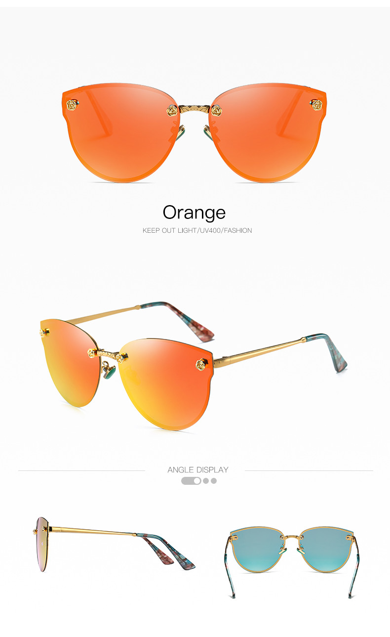 Fashionable Classic Rose Women Cat Eye Rimless Sunglasses Mirror Polarized