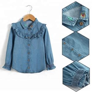 China 100% Cotton Children Slim Fit Long Ruffles Sleeve Denim Tops With Wood Button Closure wholesale
