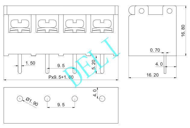 Screwed PCB Barrier Terminal Block 2-24P Poles DL9500SS-XX-9.5 With Pitch 9.5mm