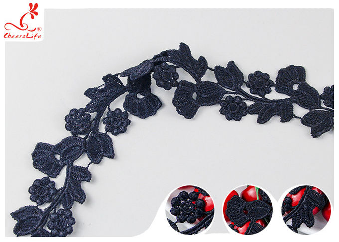 Black Floral Embroidery Edging Lace Trim Via Water Soluble With High Color Fastness Dye