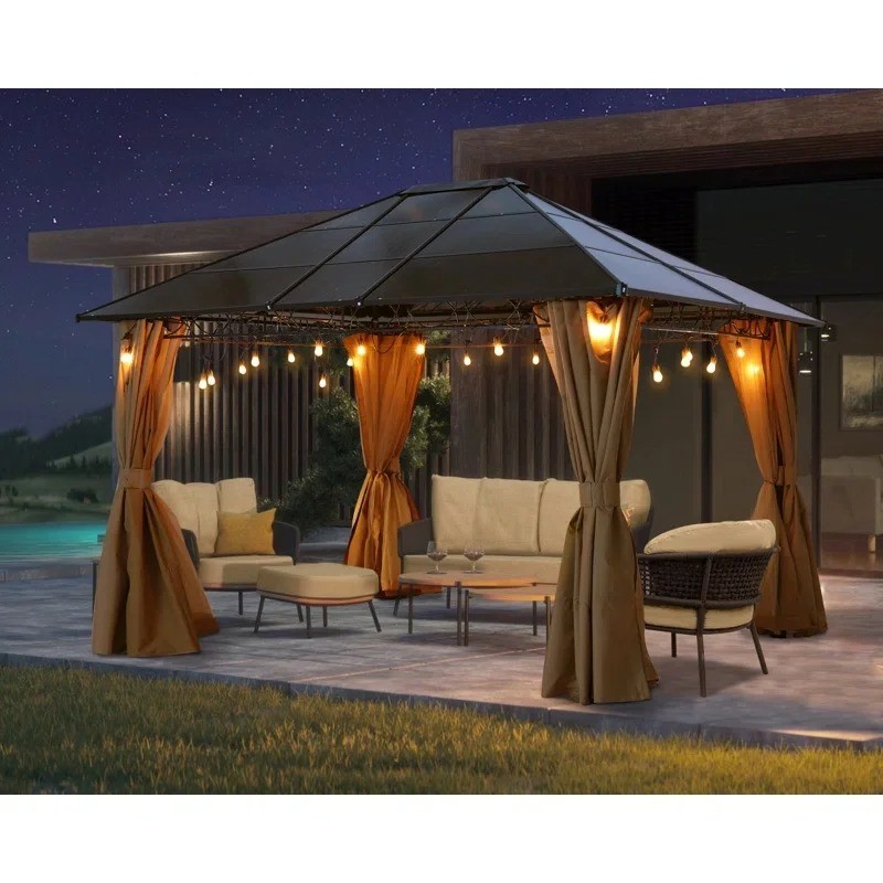 Outdoor Patio Garden Steel Frame Hardtop Metal Roof Gazebo with Privacy Curtains Netting