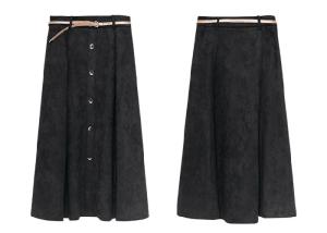 China Black Wide Hem Ladies Dress Skirt Suede Skirt Calf Length With Belt wholesale