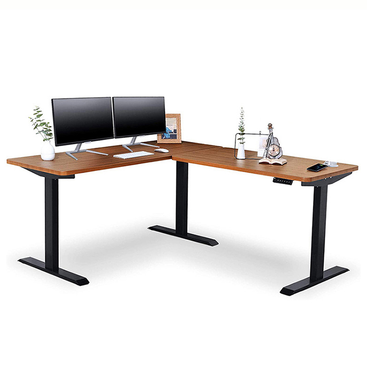 Modern Design Style Brown Wooden L Shaped Height Adjustable Table with Triple Motor