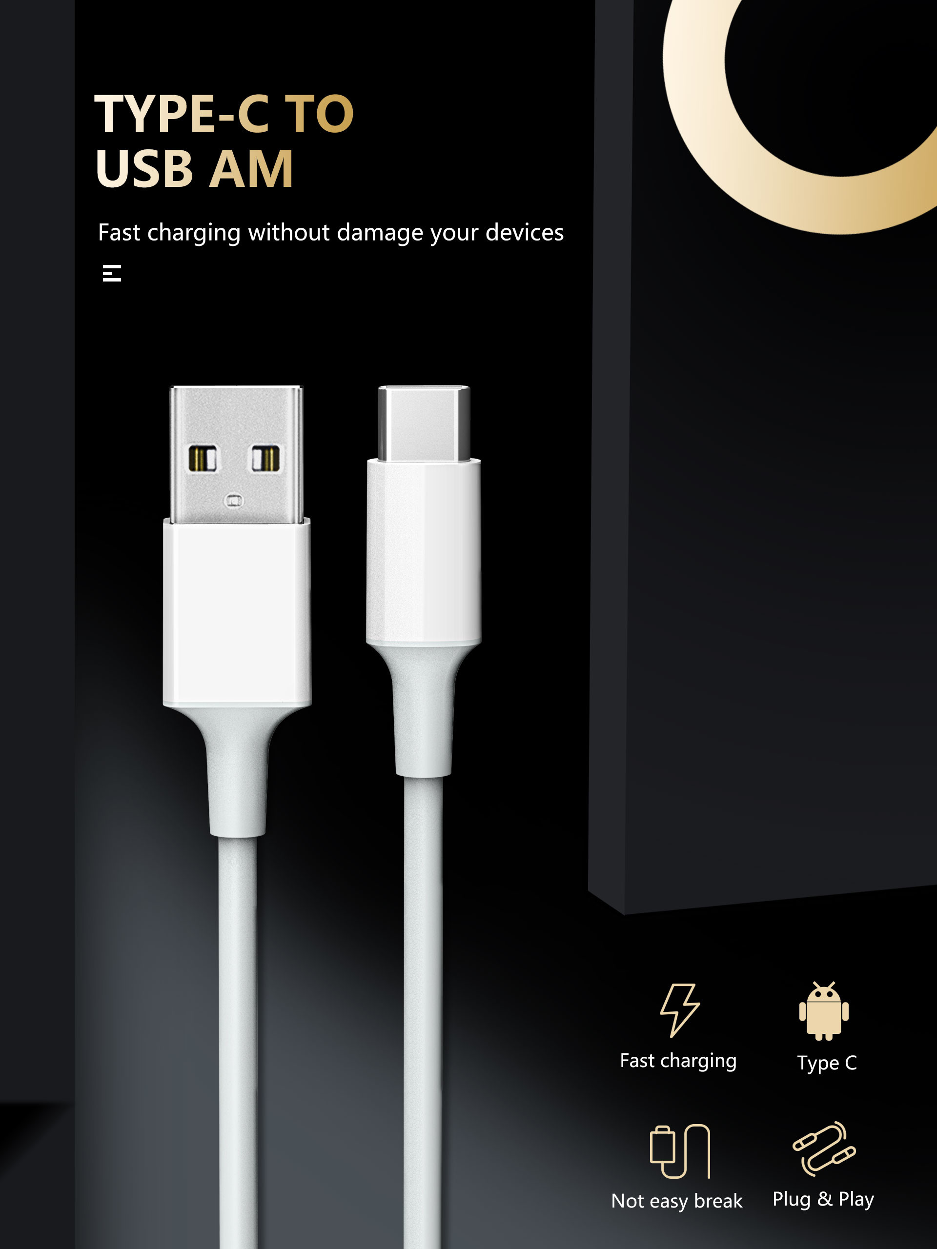 USB Type-C to USB-A 2.0 Male Charger Cable, 3 Feet (1 Meters), White