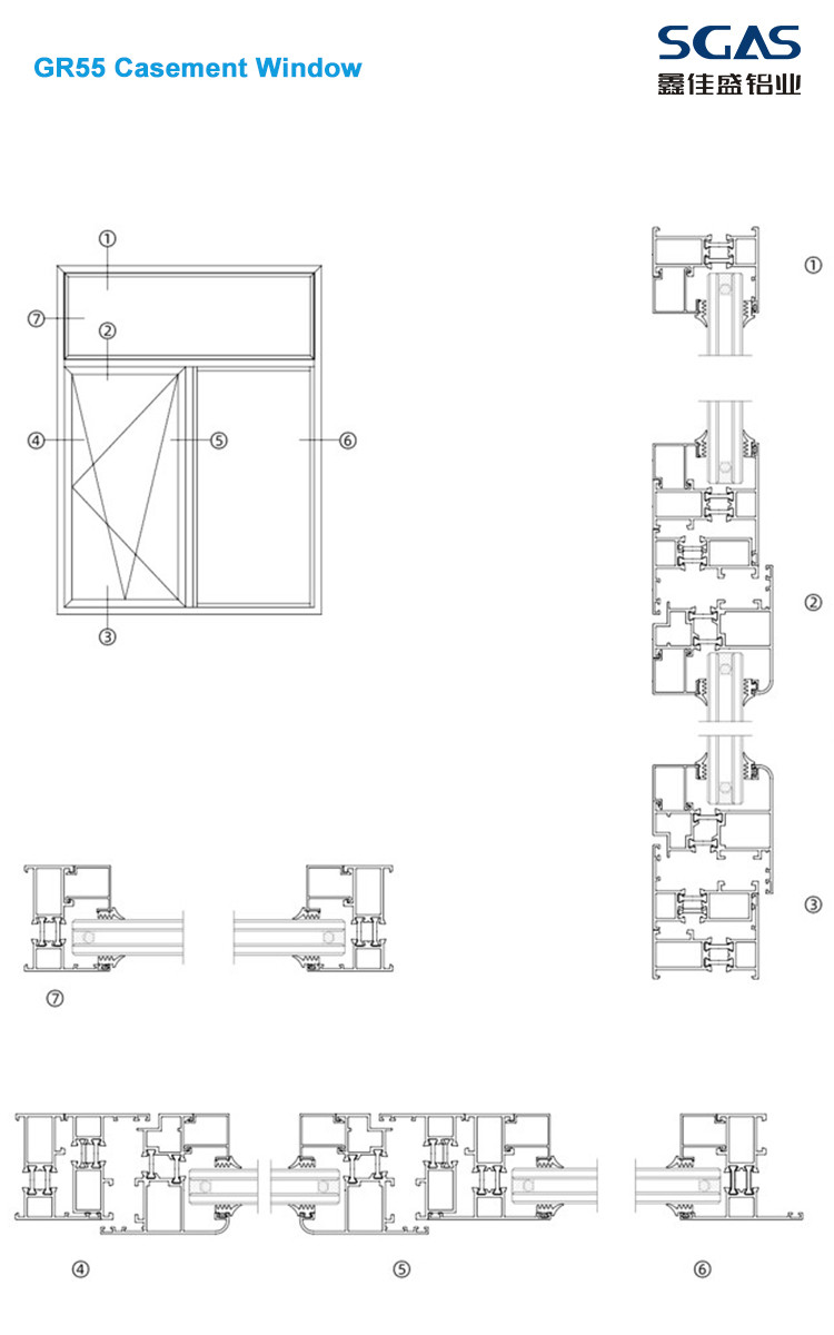 Custom 6063 Window Frame Extrusion GR55 Powder Coating Aluminium Glazing Profile