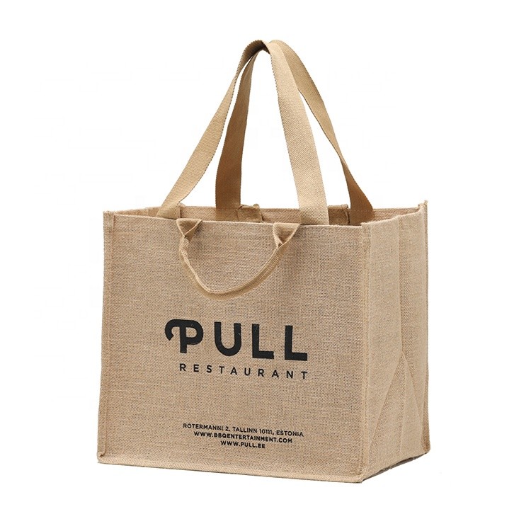 Customized Canvas Button Printed Jute Bags With Logo Natural Black Beach Laminated