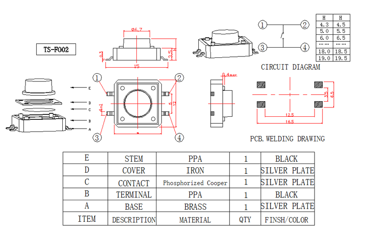 Side Press Momentary Silent Tactile Switch , 4 Pin Surface Mount Push Button