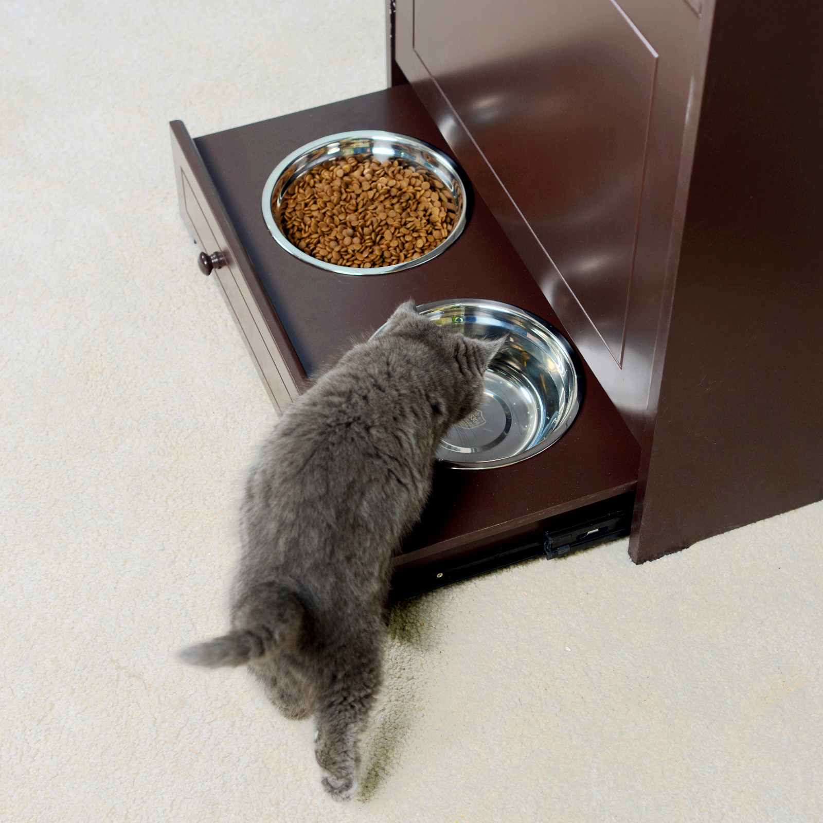 E1 MDF Board Pet Feeder Station Cabinet 580x340x820CM With 2 Stainless Steel Basins