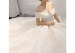 Big Long Tail Bridal Gown Light Gold Beading Off Shoulder Sexy Ball Gown