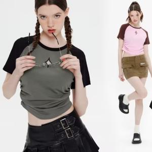 China Customized American Retro Street Stitching Contrast Color Y2K T-Shirt Summer for Women wholesale