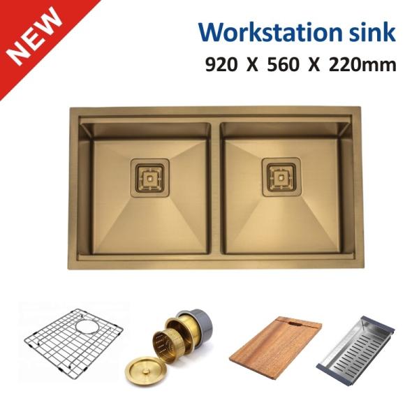 36 Inch Undermount Workstation Sink , Gold Drop In Double Bowl Stainless Steel