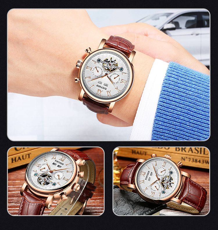 J022-2 Fashion Black Strap Silver Cover Hollow Out Case Back With Complete Calendar Mens Automatic Mechanical Watch
