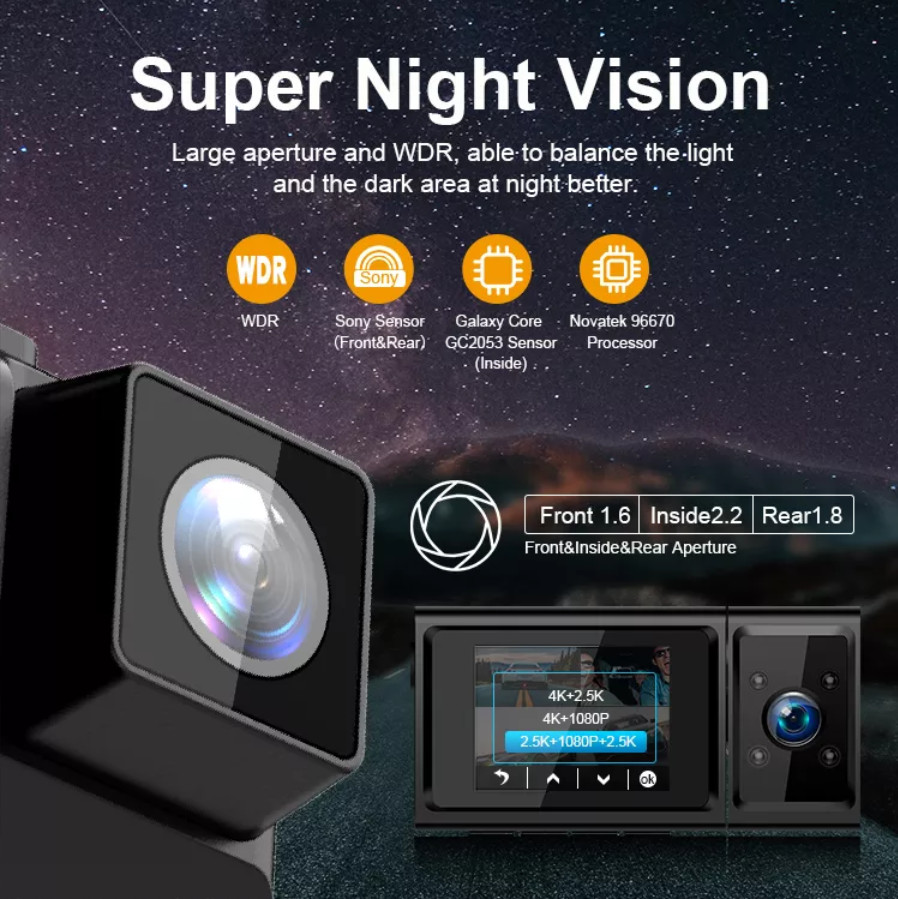 4K Front Rear Dual Dashcam Wifi Gps Full Hd Full Hd Car DVR Hidden 1440P 3Channel