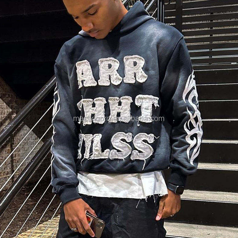Vintage Sun Faded Acid Wash Distressed Patch Applique Embroidery Cropped Hoodie Men Crop Top Sweatshirt