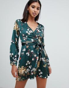 China OEM fashionable green floral satin wrap mini tea dress wholesale