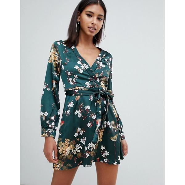 OEM fashionable green floral satin wrap mini tea dress