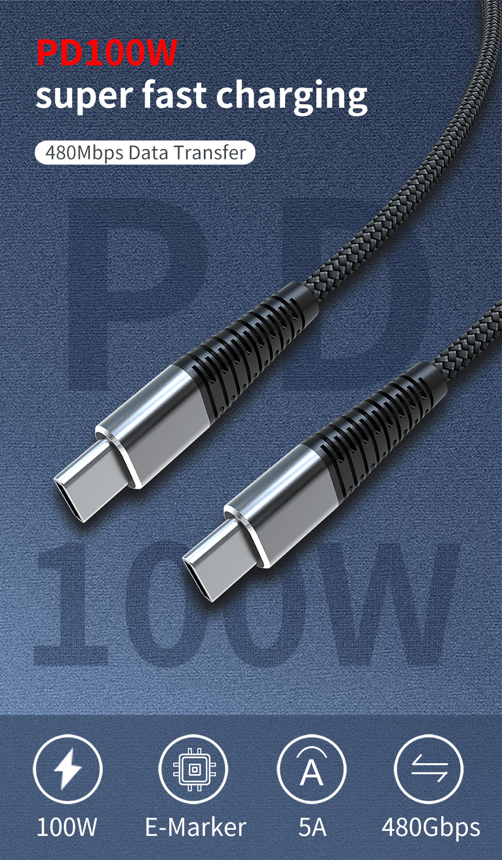 PD 100W 20V 5A Black USB Type C Charging Cable For Data Transmission