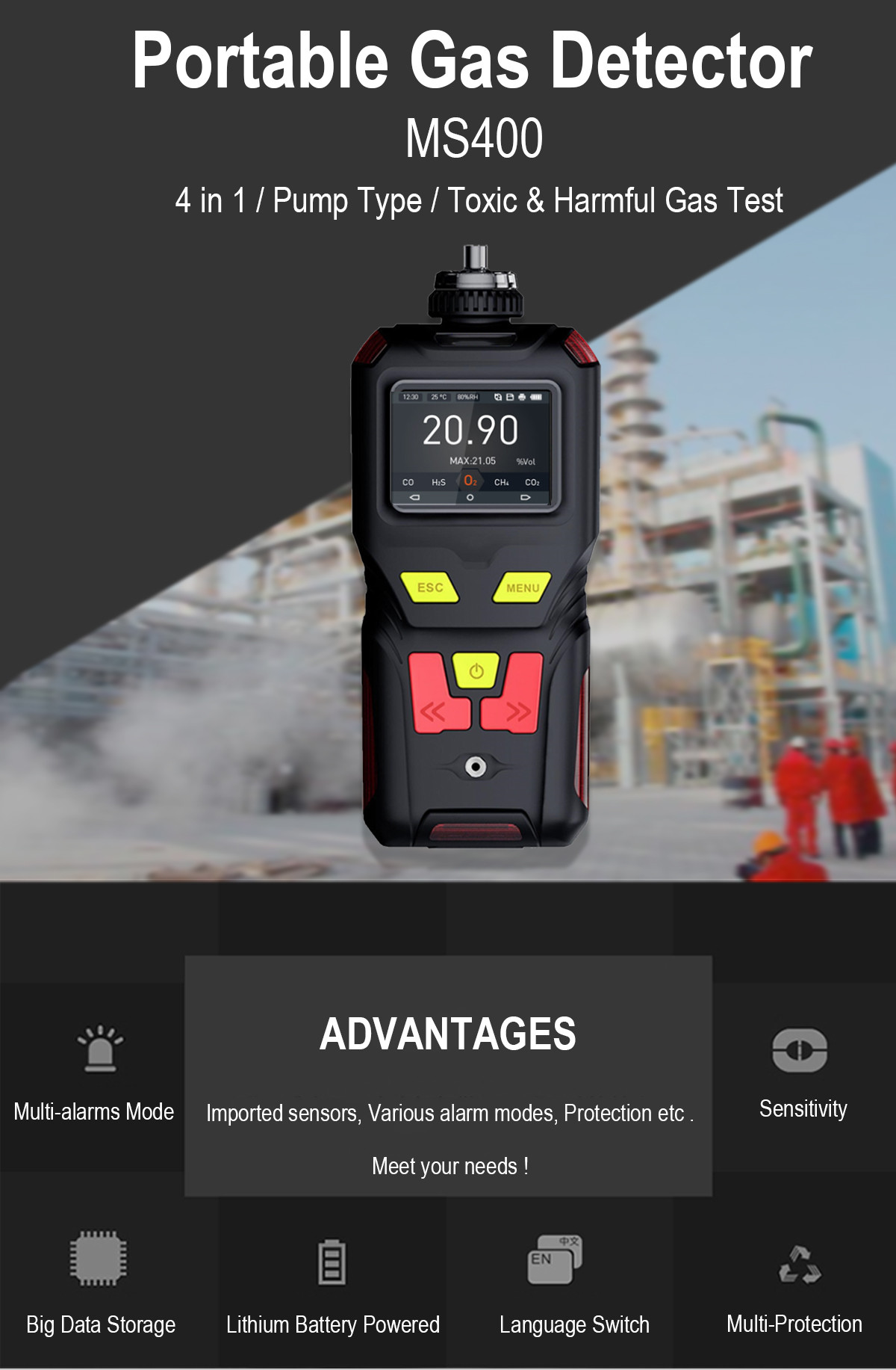 MS400-CL2 Zetron chlorine gas monitor Cl2 Highly Toxic Gases In Chemical