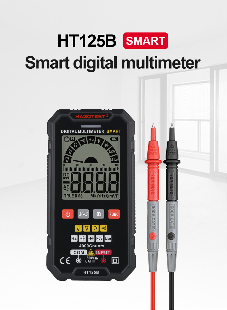 HT125B Smart Digital Electrician Multimeter Digital DC AC Voltage Ohm Diode Capacitance NCV Hz Live Wire Tester
