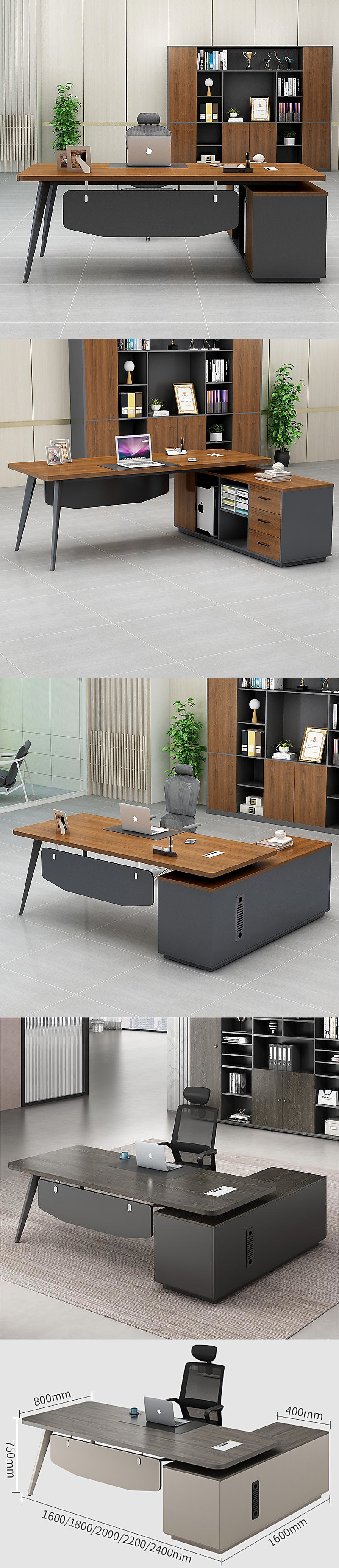 Modern Wooden Executive Desks Business Type L Shape Office Desk with Long Size Cabinet