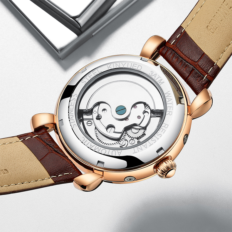 Genuine Leather Mens Winner Automatic Mechanical Watch Moon Phase Automatic Movement Mechanical Watch