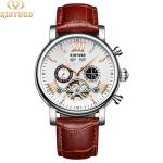 KINYUED J017-4 Gold Case Black Dial Leather Strap Complete Calendar Skeleton