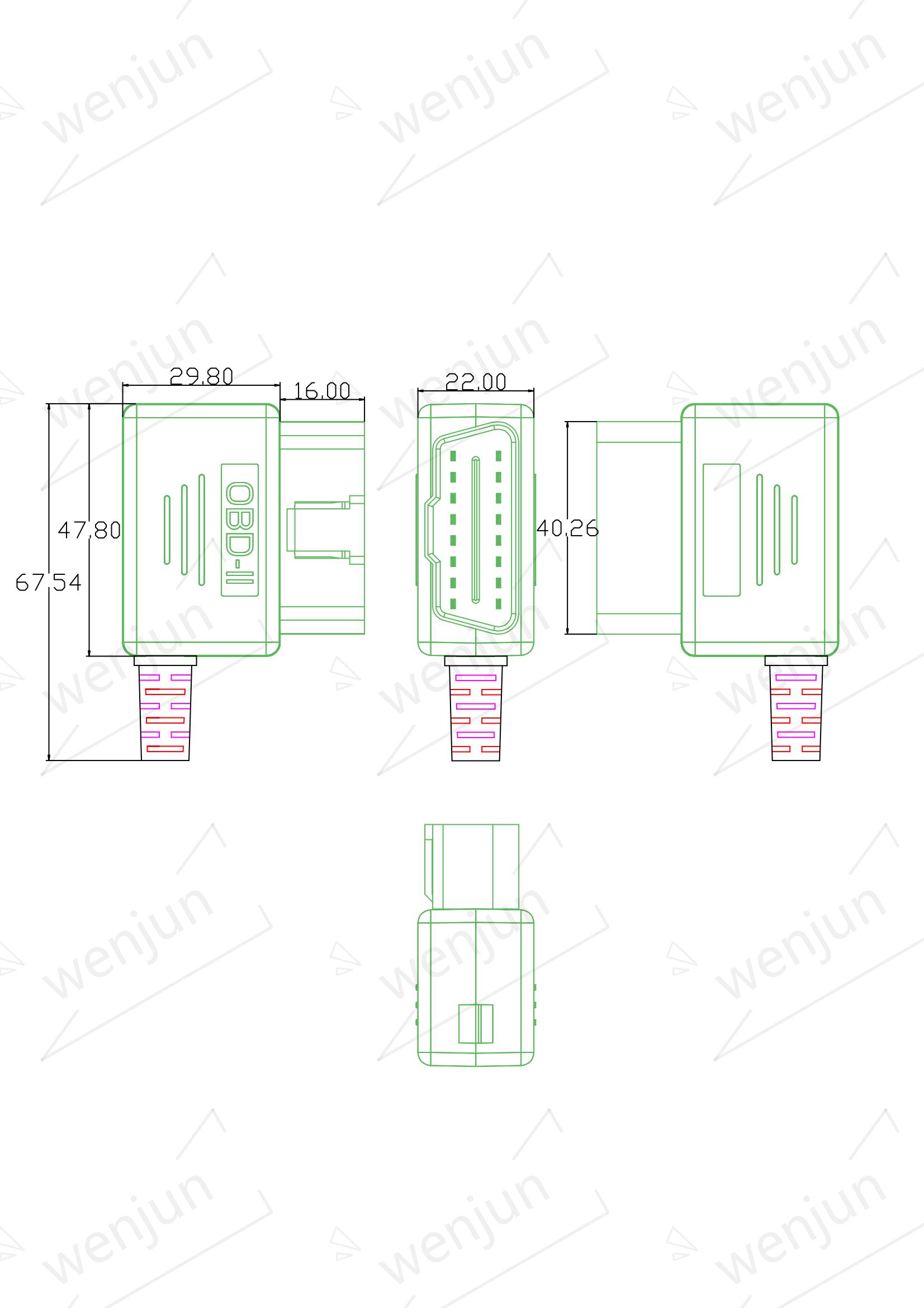 OBD2 Male Connector 16pin J1962 Male Plug Concealed Buckle Housing With Wire Exit Hole