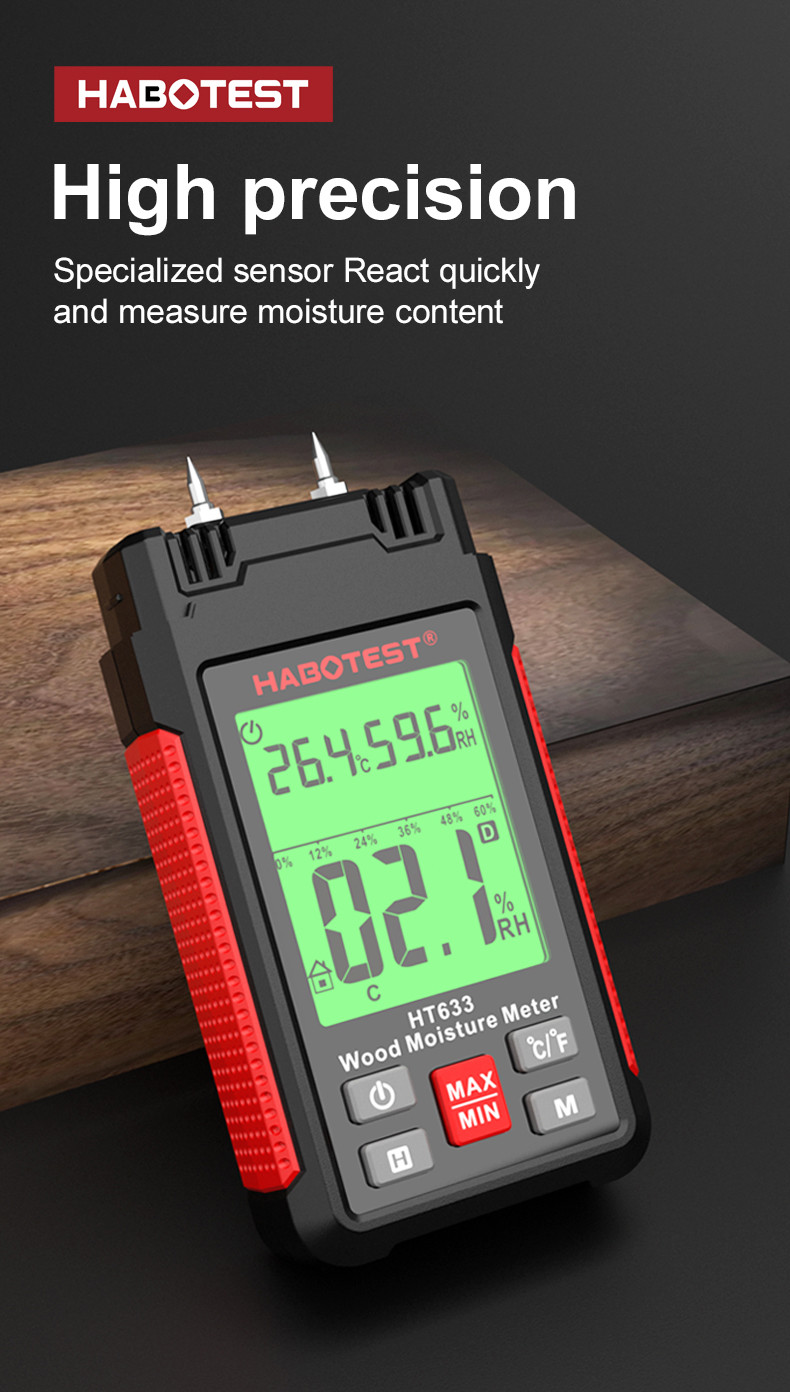 HT633 Wood Moisture Meter Pin Type Digital Moisture Detector Ambient Temperature Humidity with LCD Backlight Display