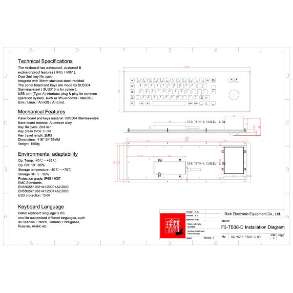 Best price Multiple languages IP65 Stainless Steel Keyboard with Trackball Ourdoor using English/French/German/Italian/Turkish/Spanish/Portuguese