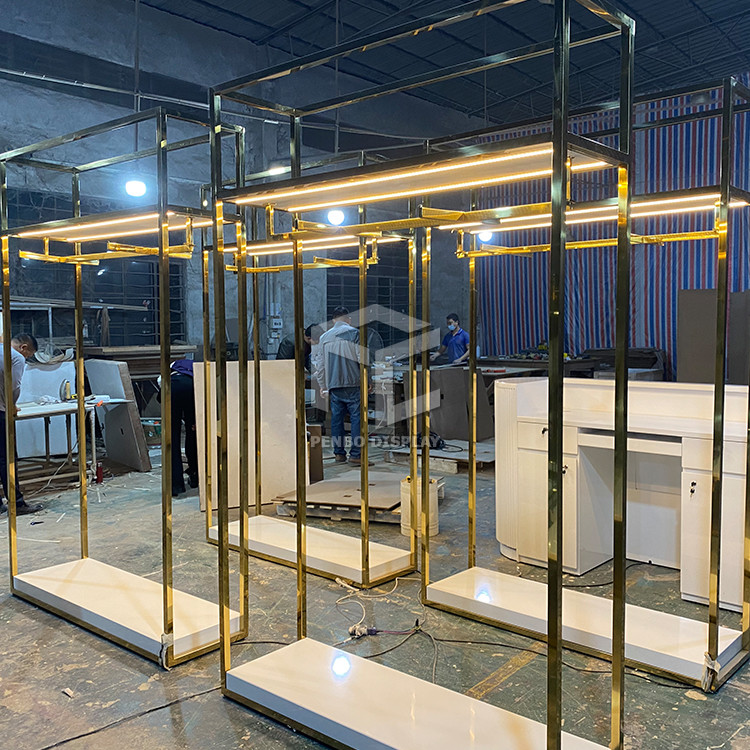 Golden Luminous Clothing Diplay Stand For Garment Shop Furniture