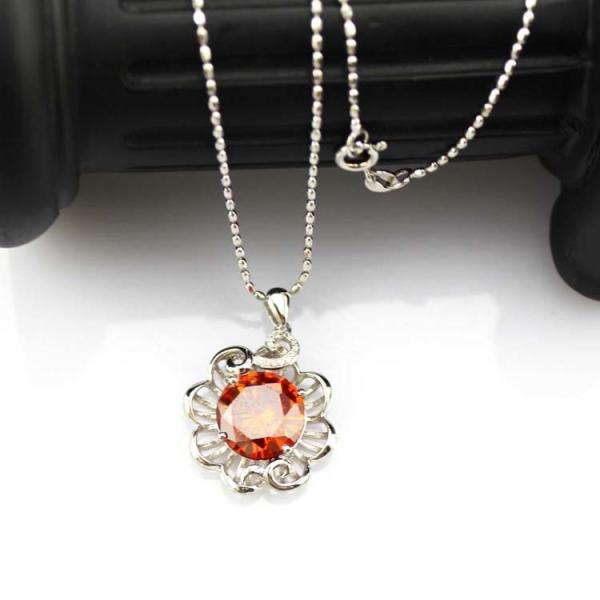 925 Silver 12mm Round Garnet Cubic Zircon Flower Style Pendant Necklace (P43)