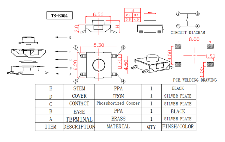 SPST Silent Tactile Switch / Surface Mount Push Switch SMD Terminal Type