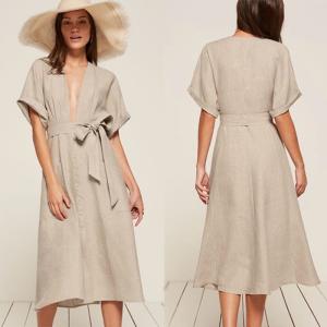 China Bohemian Clothing Women Kimono Style V neck Maxi Linen Dress wholesale