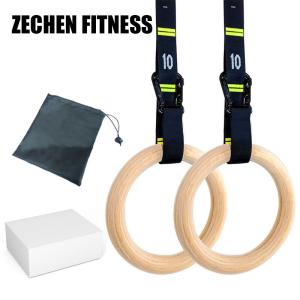 China 32mm Wooden Gymnastic Rings High Grade Safety With Stitches Straps Carabiner wholesale