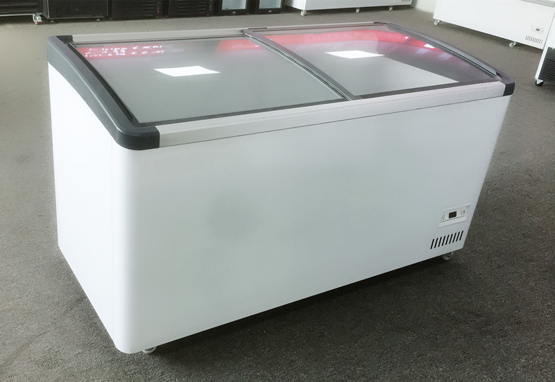 Commercial horizontal cold food chest island display freezer for supermarket with 2 sliding door