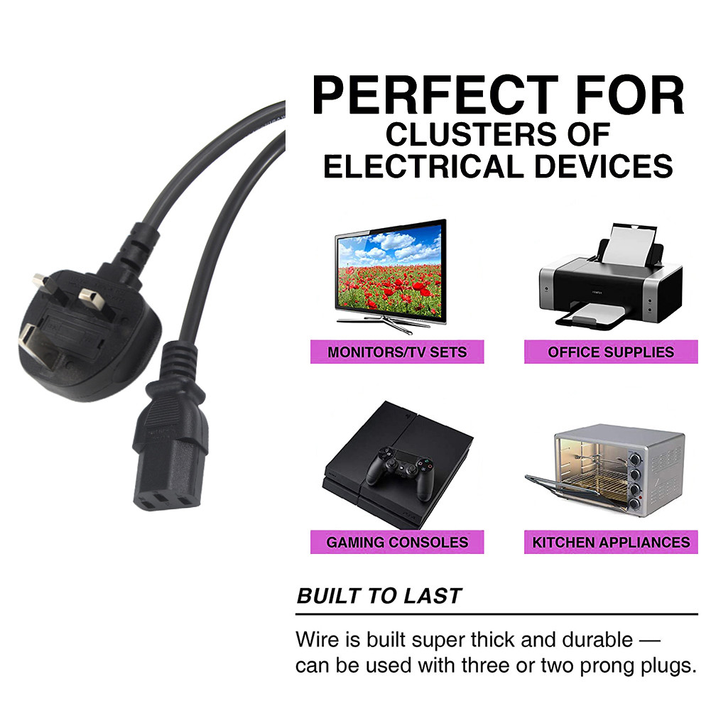 1.5m 3 Pin 2 Ac Power Cord Cable For Kettle Pc Computer BS 1363