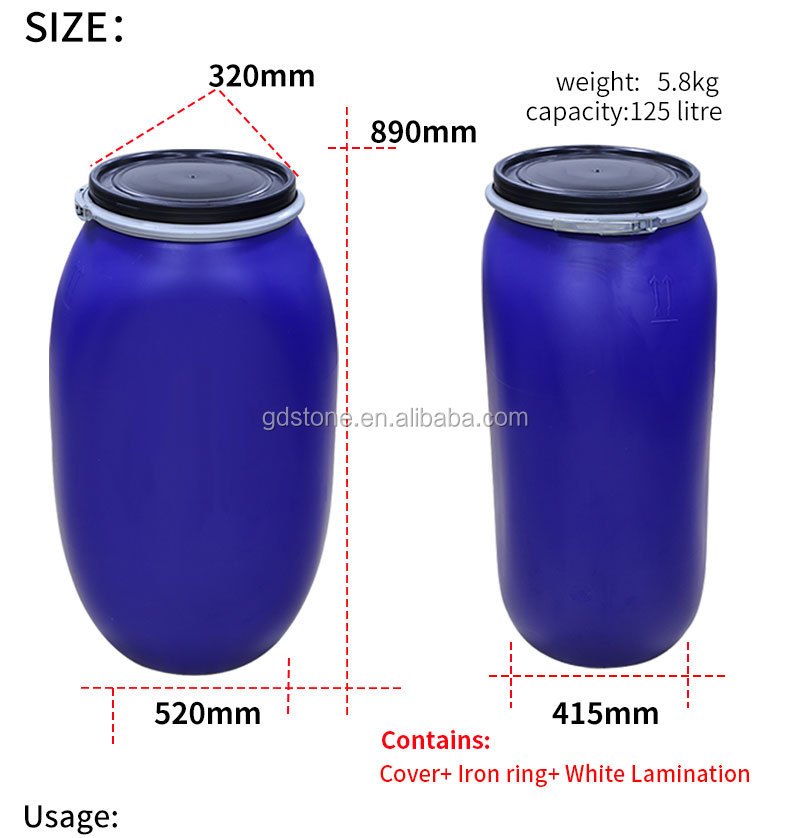 125L Chemical Plastic HDPE Open Top Drum With Iron Hoop Ring 80 Degree