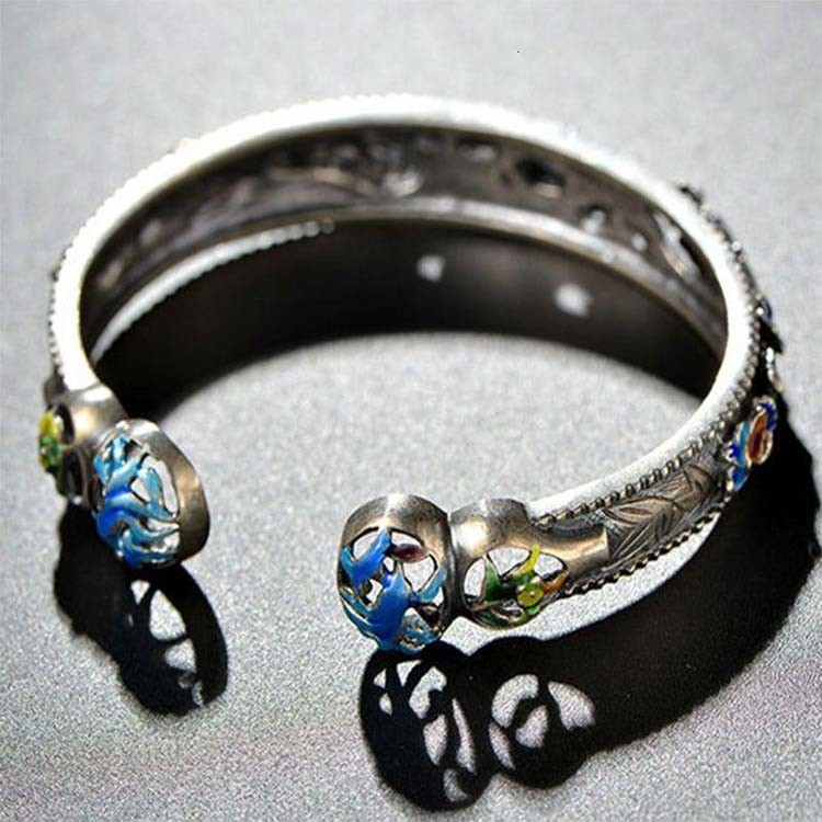 925 Silver Colorful Enamel Cuff Bracelet Vintage Jewelry for Women (B6050602)