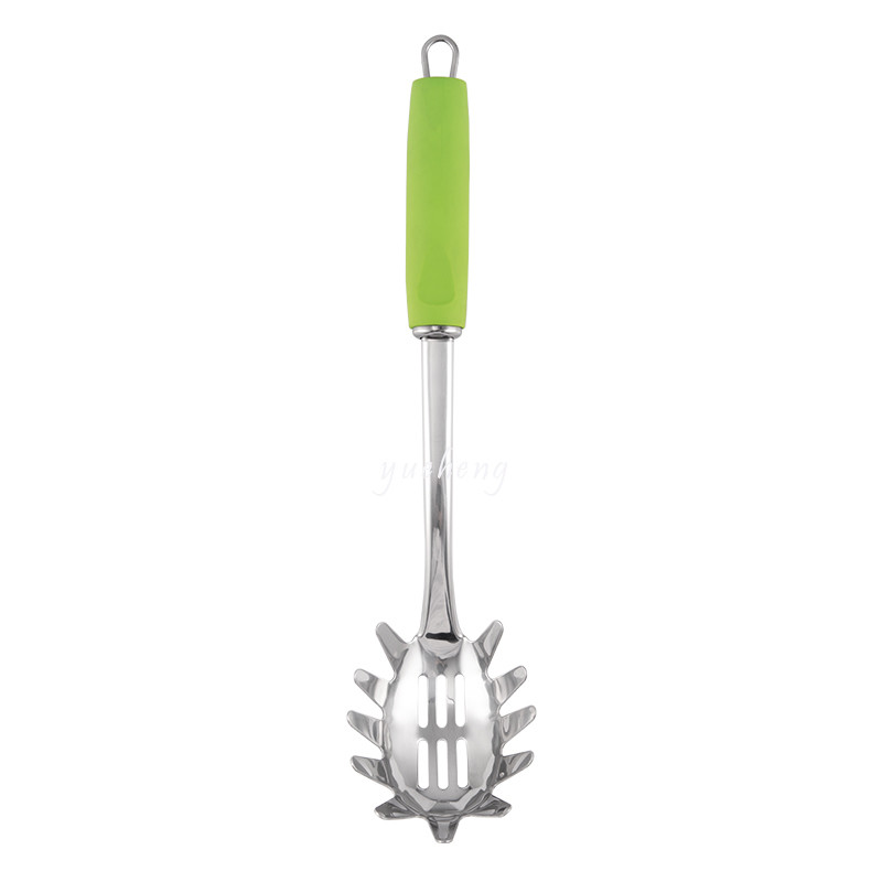 6pieces kitchen tools with Soft handle Green color handle with tray soup scoop Pasta Server Spoon Draining Spoon Slotted