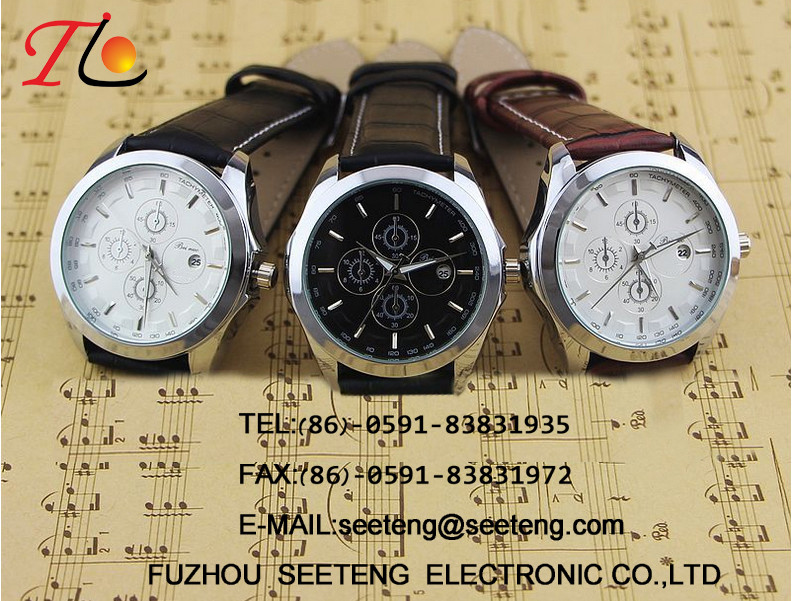 Trendy alloy case quartz Watch with stainless steel backcase and PU leather band for men
