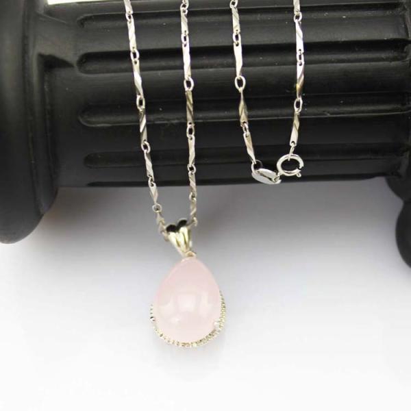 Sterling Silver Rose Quartz Cubic Zircon Drop Pendant Necklace (PSJ0160)