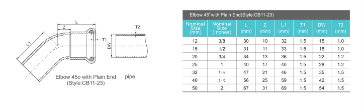Stainless steel M profile press fitting 45 degreed equal elbow