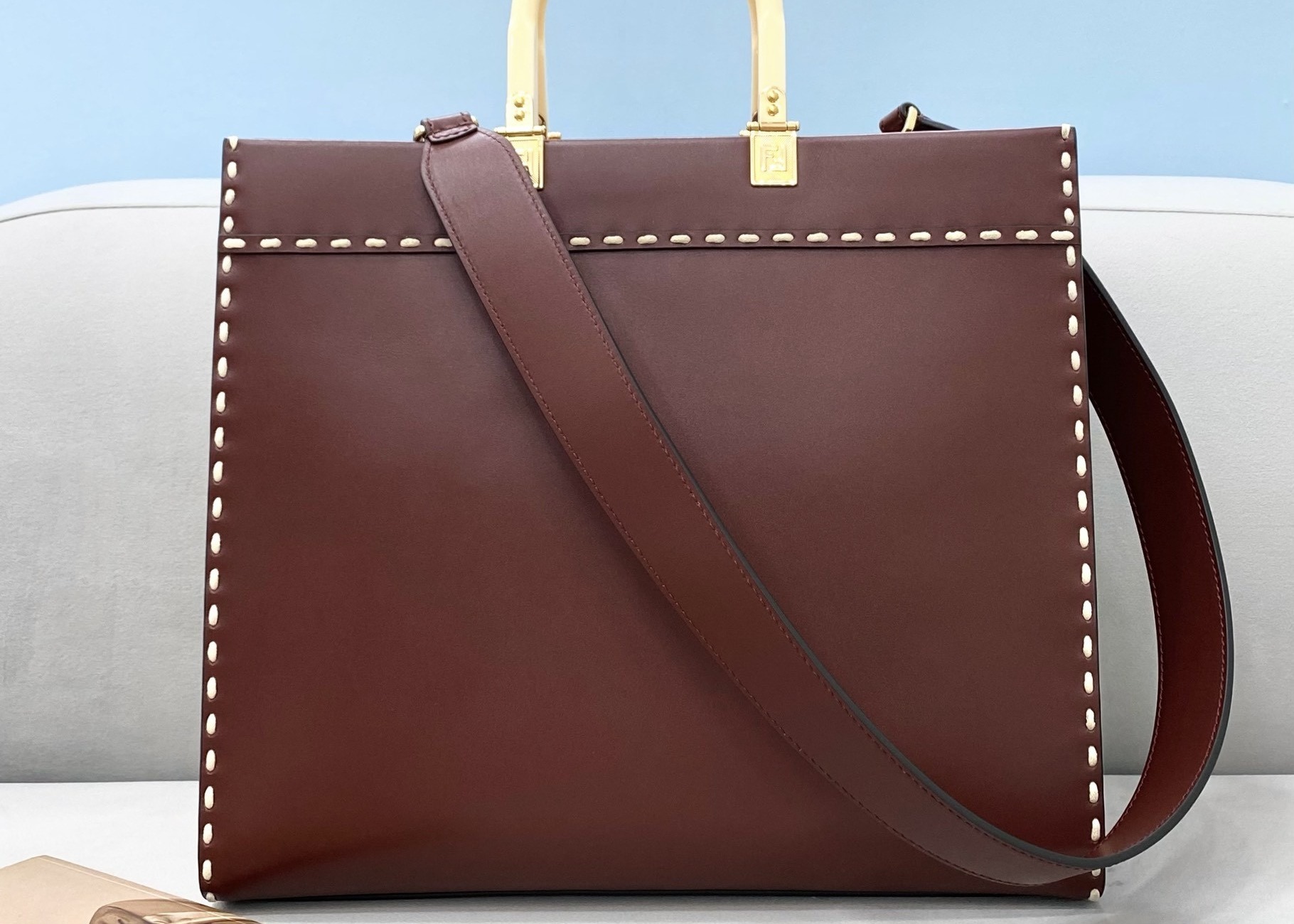 Stitching Womens Leather Tote Shopper Bag Blue With Single Shoulder Strap