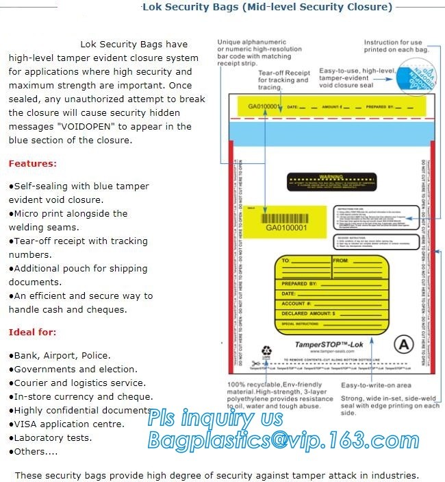 security deposit bags bank deposit bags cash deposit bags, general bank plastic deposit bags supply, Coin and Bank Note