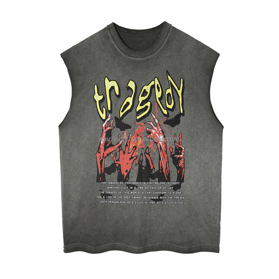 Customized Men's Acid Wash Vintage Tank Tops with Oversized Design and DTG Print Logo
