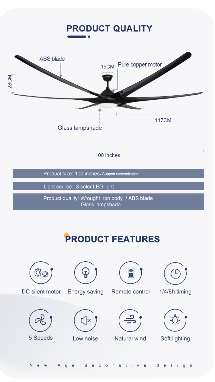 Remote Control 100 Inch Ceiling Fan with Lights and Black ABS Housing Energy Saving