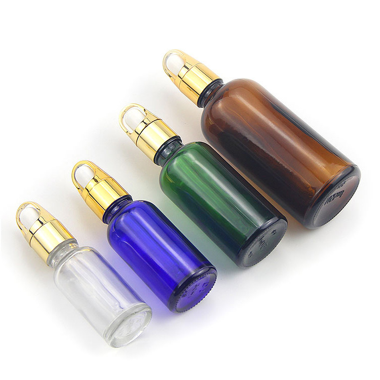 Customized Accepted Essential Oil Small Round Empty Shiny Silver Gold Dropper Oil Bottle with Unique Flower Basket Rubber