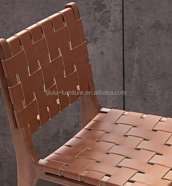 Ash Wood Frame Nordic Bistro Bar Chairs with Saddle Leather Woven Seats